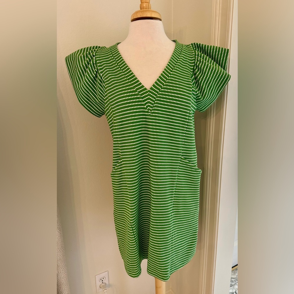 Green Striped Women's Flutter Sleeve Dress with Pockets